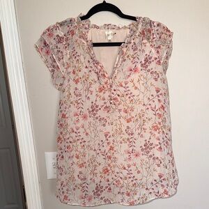 Light Pink Floral Ruffle Cap-Sleeve Blouse